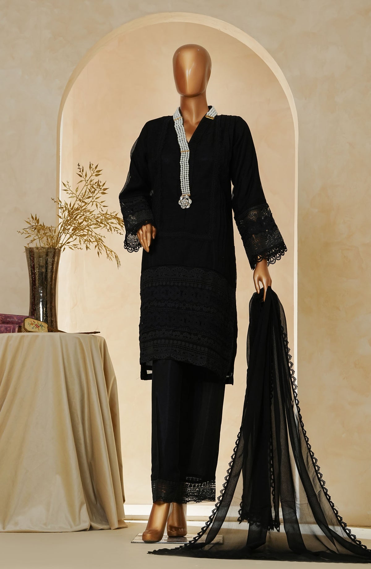 Nyra by Amna Khadija Embroidered Khaddi Net Stitched 3 Piece Suit - AM25NRA - DS BA 01 Mala-D - Black - Festive Collection