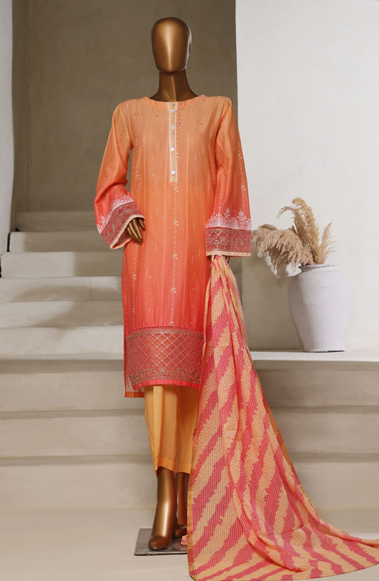 Ombre by HZ Textile Embroidered Lawn Stitched 3 Piece Suit - HZ25OMB - PSJ-028 - Peach Pink - Summer Collection