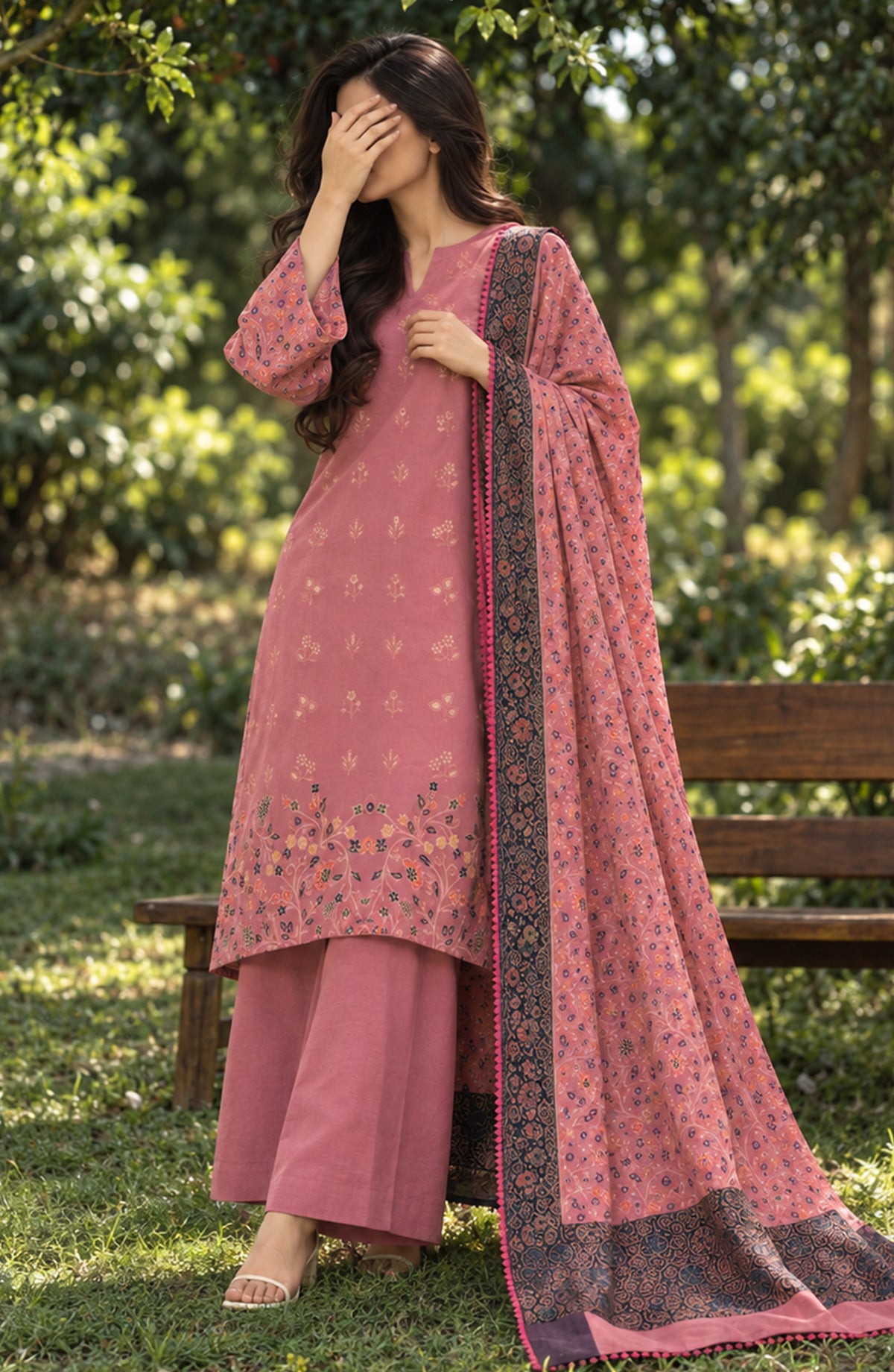 Aveline by Amna Khadija Winter Dyed Wool Printed Unstitched 3 Piece Suit - AKAW-04 - AM26AWE - Pink - Winter Collection