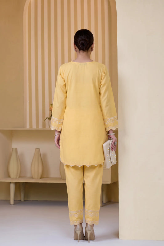Mulaqaat By Amna Khadija Embroidered Cotton Stitched 2 Piece Co-Ord Set - AKMEC-13 - AM26MULQD3 - Yellow - Summer Collection