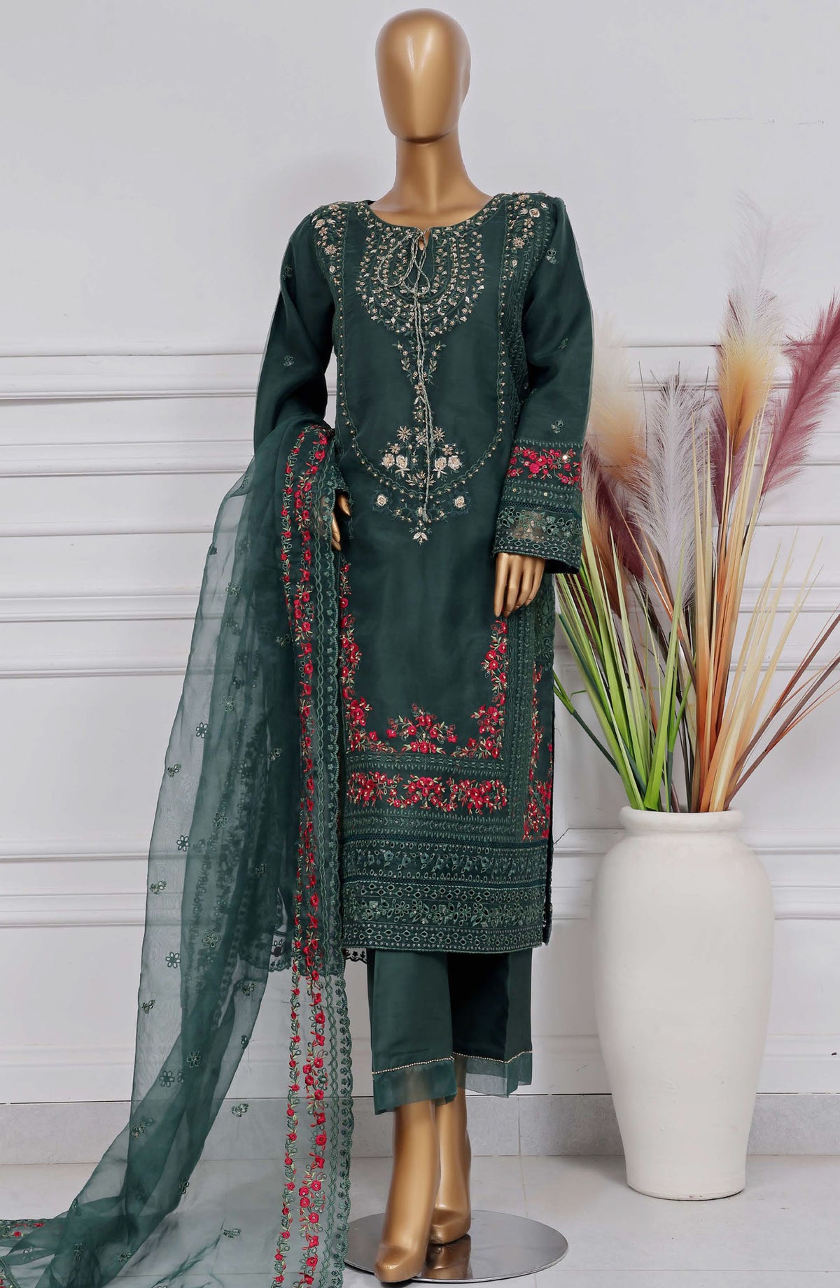 Mahpara by Sadabahar Embroidered Organza Stitched 3 Piece Suit - AG-30 Green - SBD25MHPV15 - Festive Collection