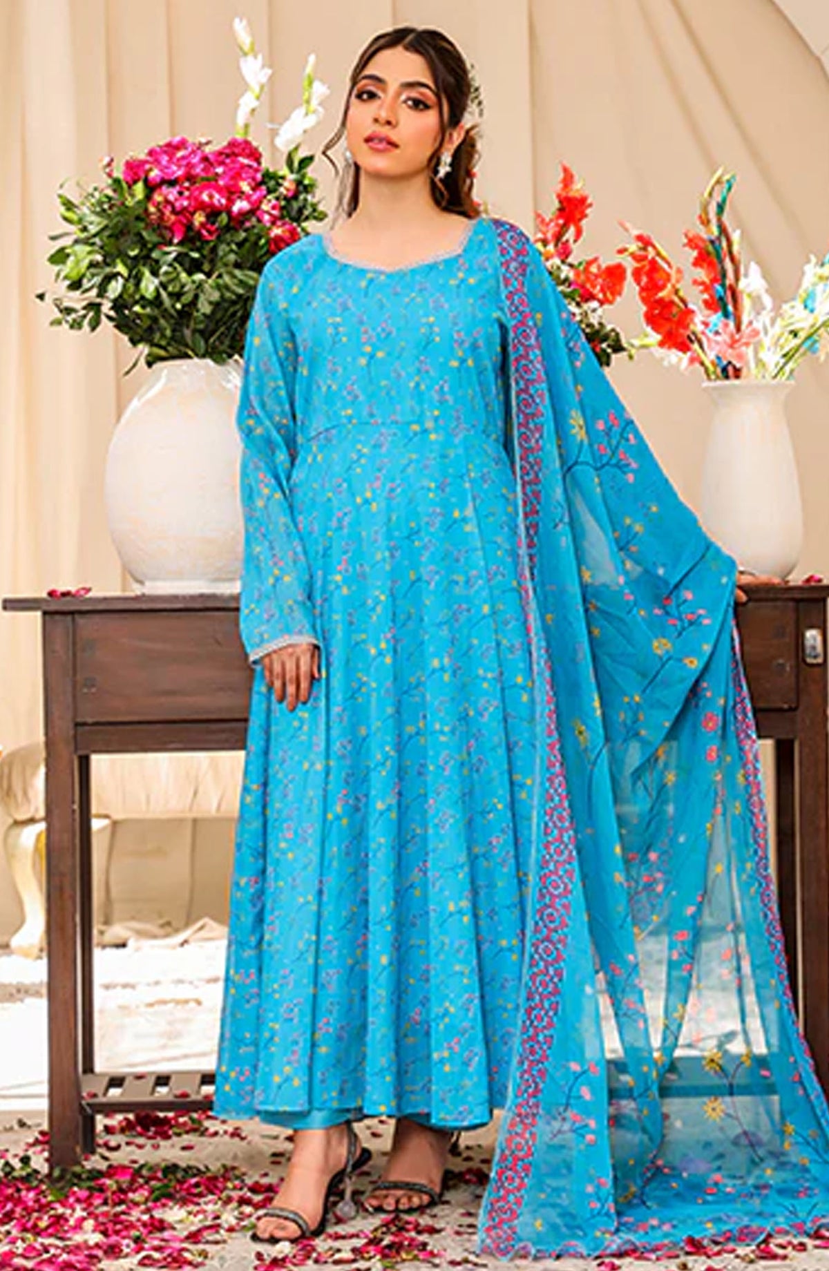 Nazmina Casual Chiffon Stitched 3 Piece Suit - Bleuet Charman FRT-104 - NAZ25REB - Blue - Festive Collection
