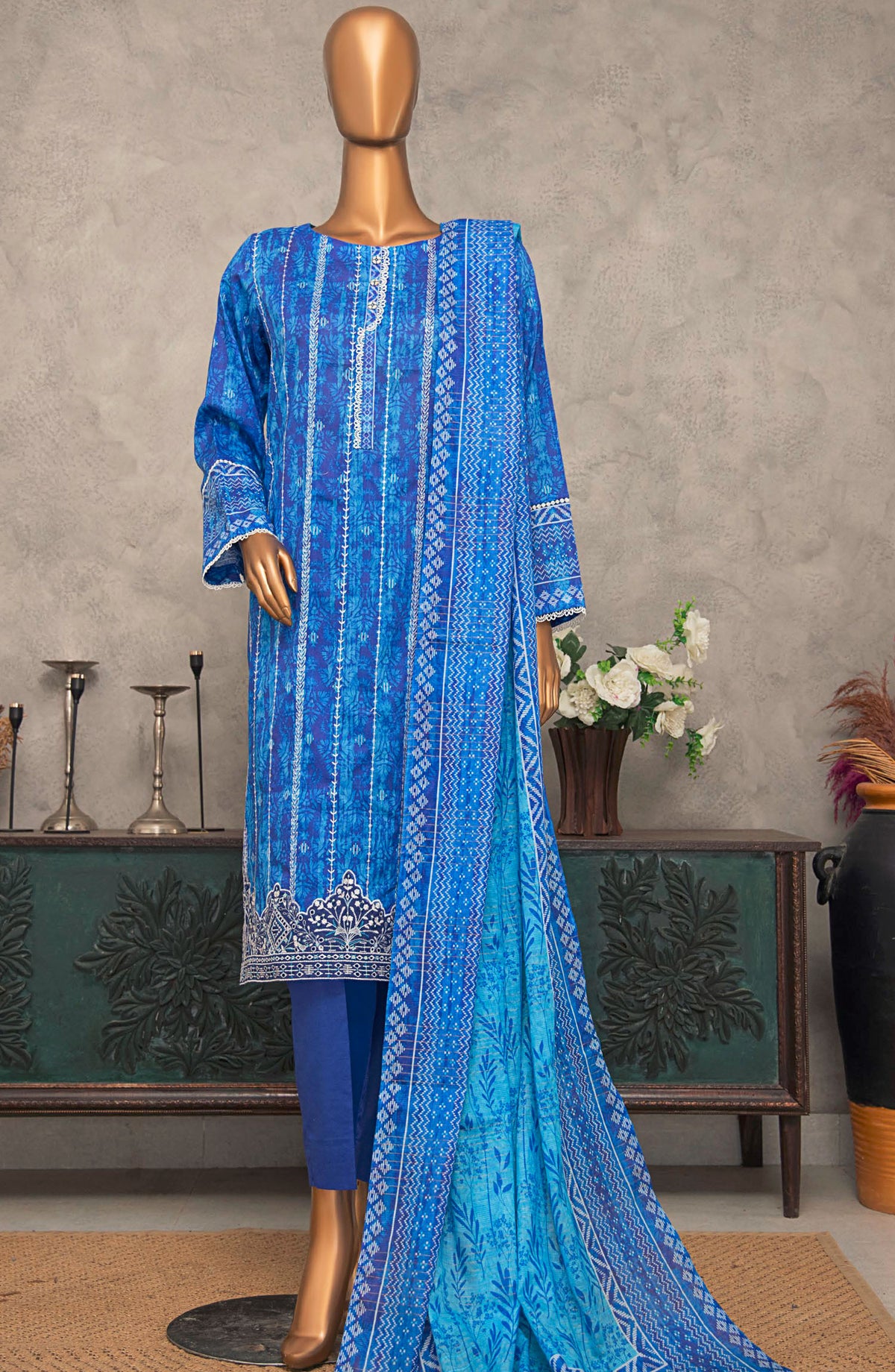 Meenakari by HZ Textile Embroidered Lawn Unstitched 3 Piece Suit - D-251 - HZ25MNK - Blue - Summer Collection