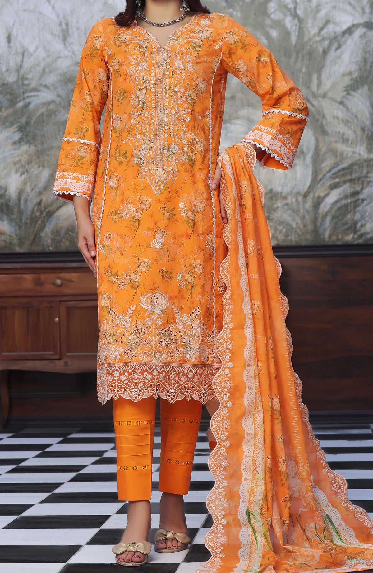 Zynah by VS Textile Chikankari Lawn Unstitched 3 Piece Suit - D-587 - VS25ZCL - Orange - Summer Collection
