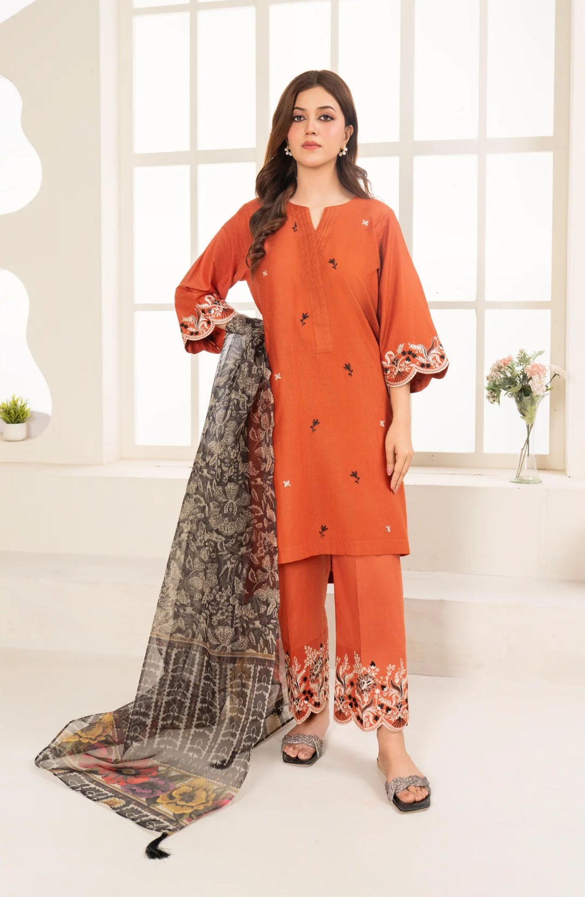 La Rosaa Embroidered Cotton Jacquard Stitched 3 Piece - Garnet 3Pc - LRS25EE - Rust - Eid Collection