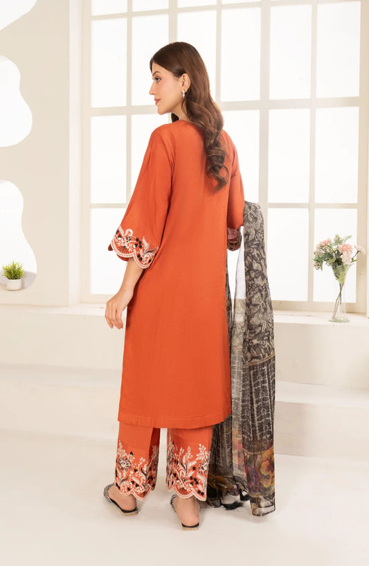 La Rosaa Embroidered Cotton Jacquard Stitched 3 Piece - Garnet 3Pc - LRS25EE - Rust - Eid Collection