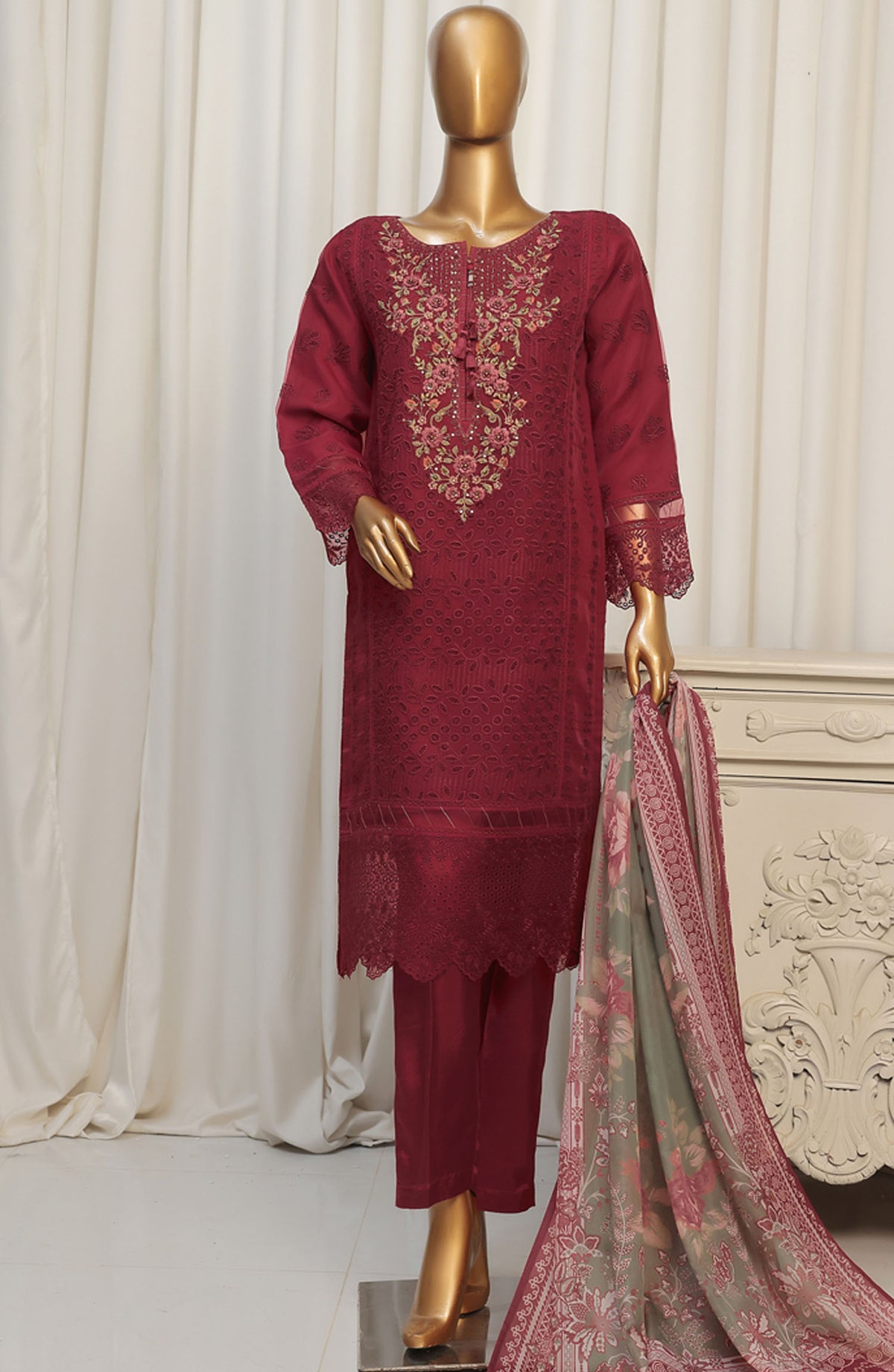Falsafaa by HZ Textile Embroidered Organza Stitched 3 Piece Suit - HZK-177 Red - HZ25FHZKV6 - Red - Festive Collection