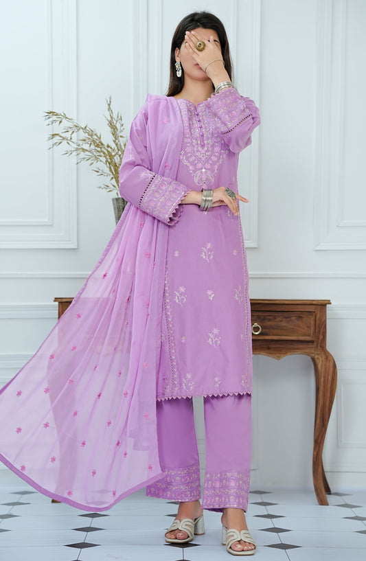Mauve by Amna Khadija Embroidered Lawn Stitched 3 Piece Suit - MLP-10 - AM25MLPD2 - Purple - Summer Collection
