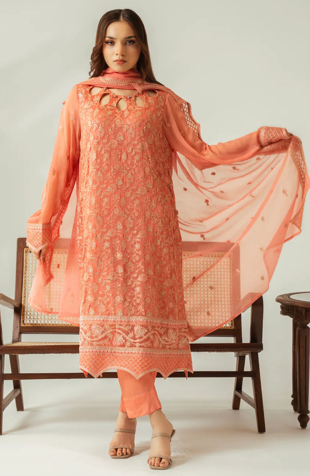 Diva by Zouj Embroidered Chiffon Unstitched 3 Piece Suit - Pale Rose - ZJ25DFL - Peach - Festive Collection