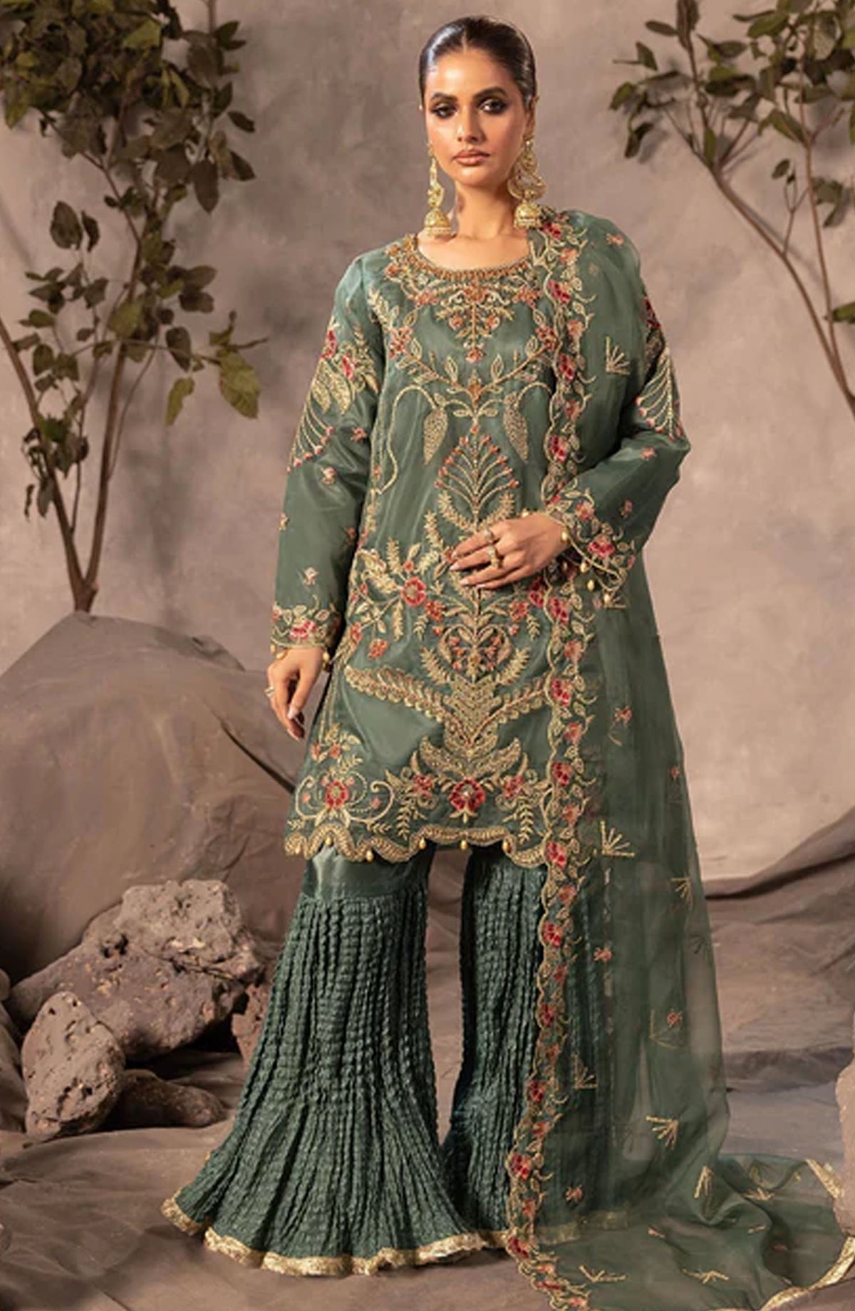 Abrish By Diara Couture Embroidered Organza Stitched 3 Piece Suit - UA-05 Rafia - DC25AB - Green - Formal Collection