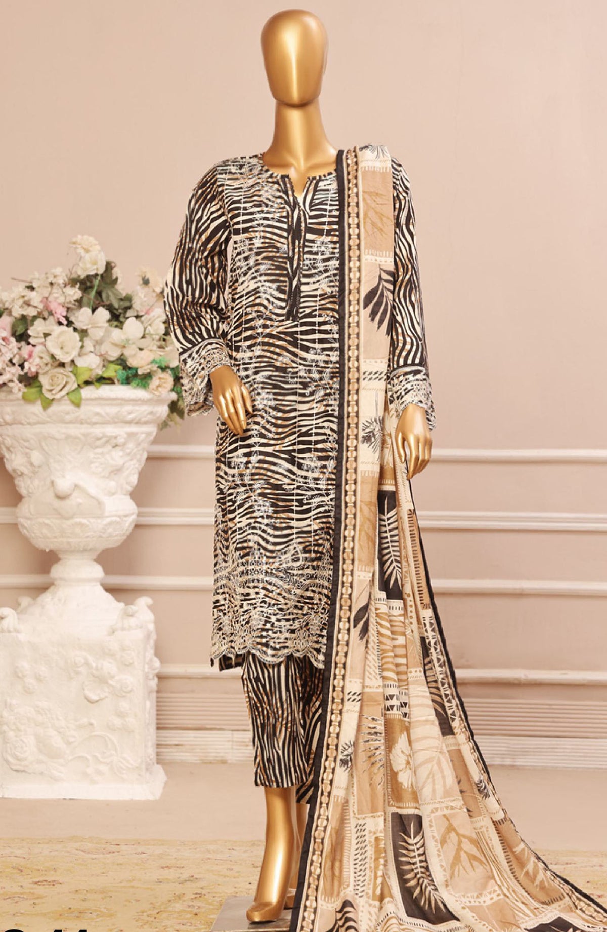 Bin Saeed Embroidered Lawn Stitched 3 Piece Suit - WC-44 - BS25EL3PCV5 - Brown - Summer Collection