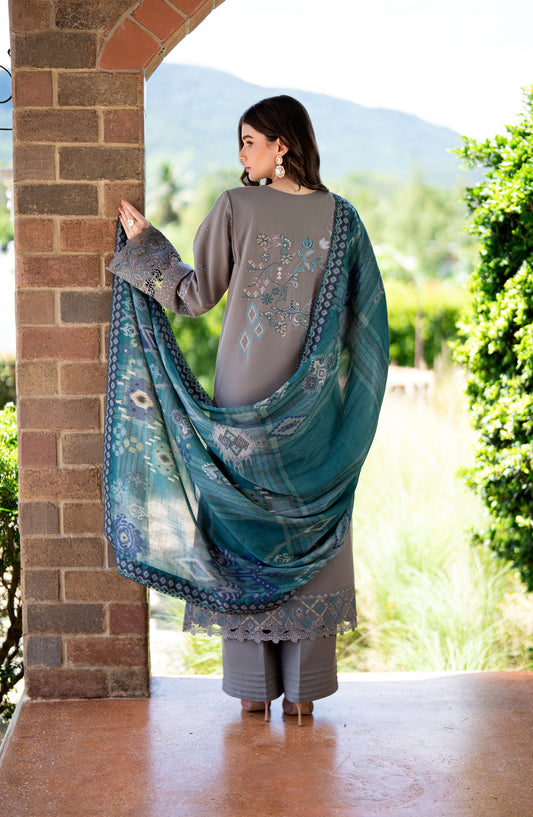 Florent Serenity Embroidered Karandi Unstitched 3 Piece Suit - 05 Sia - FL26SNT - Grey - Winter Collection