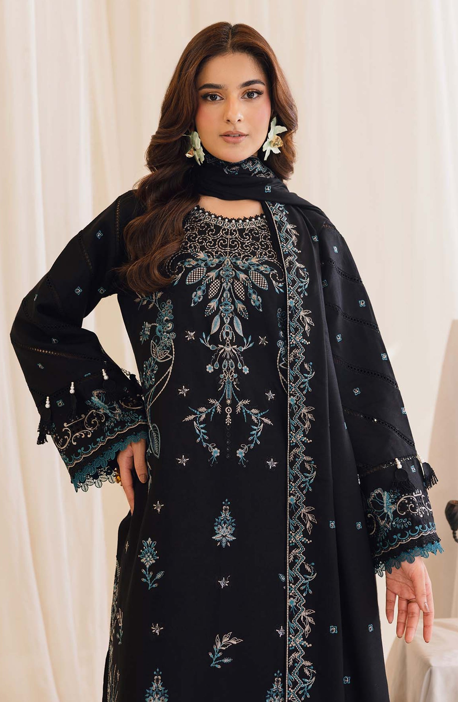 Peridot Embroidered Slub Linen Unstitched 3 Piece Suit - 596-B - PT26WT - Black - Winter Collection
