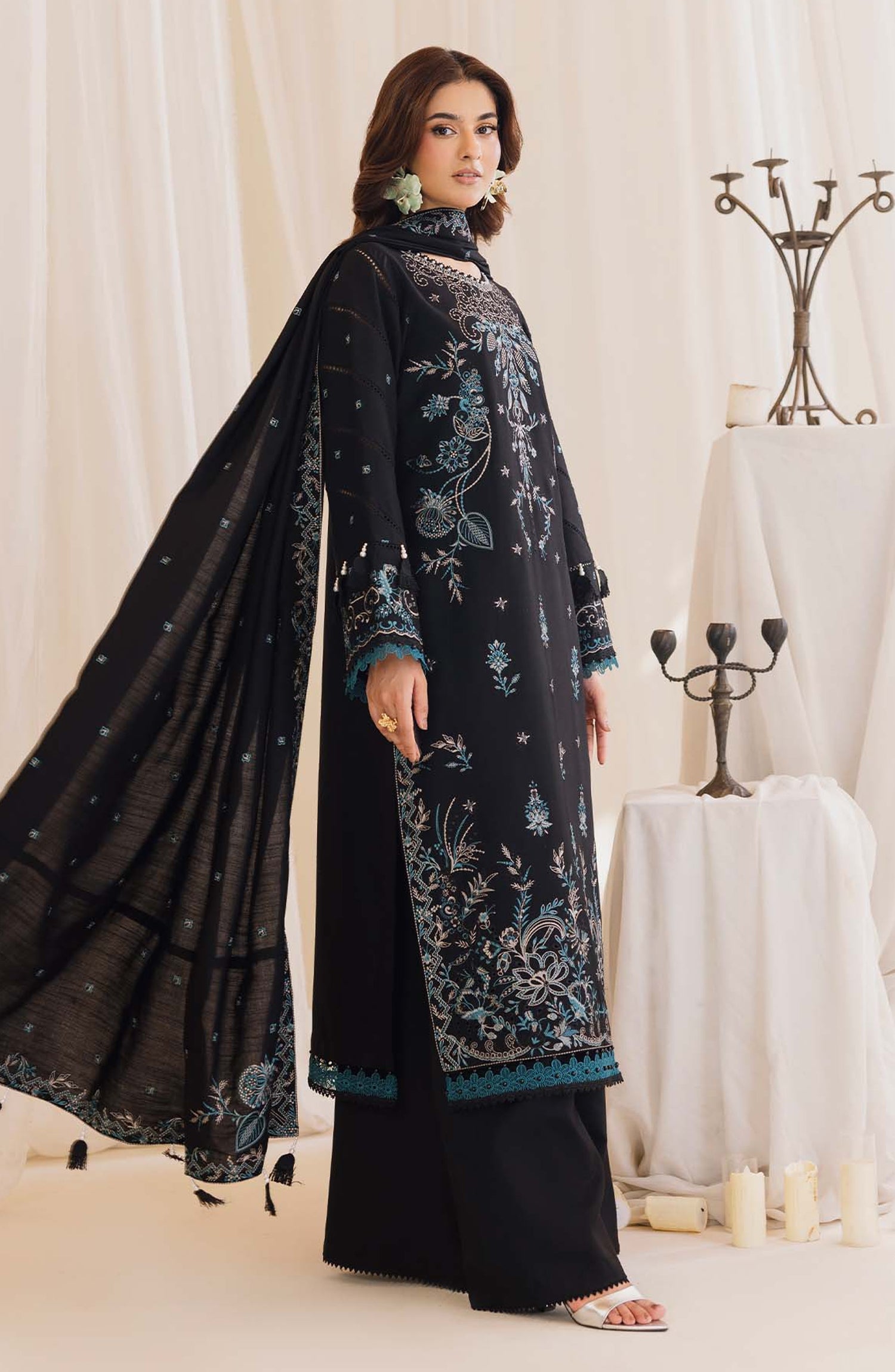 Peridot Embroidered Slub Linen Unstitched 3 Piece Suit - 596-B - PT26WT - Black - Winter Collection