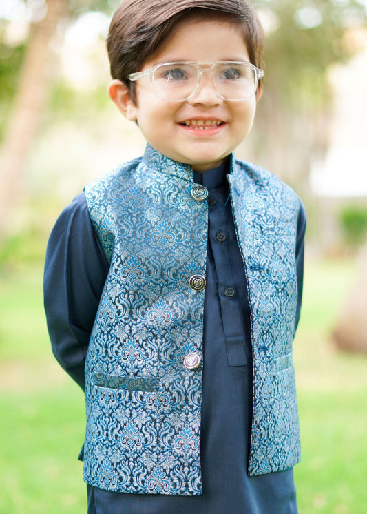 Metallic blue waistcoat suit EW18