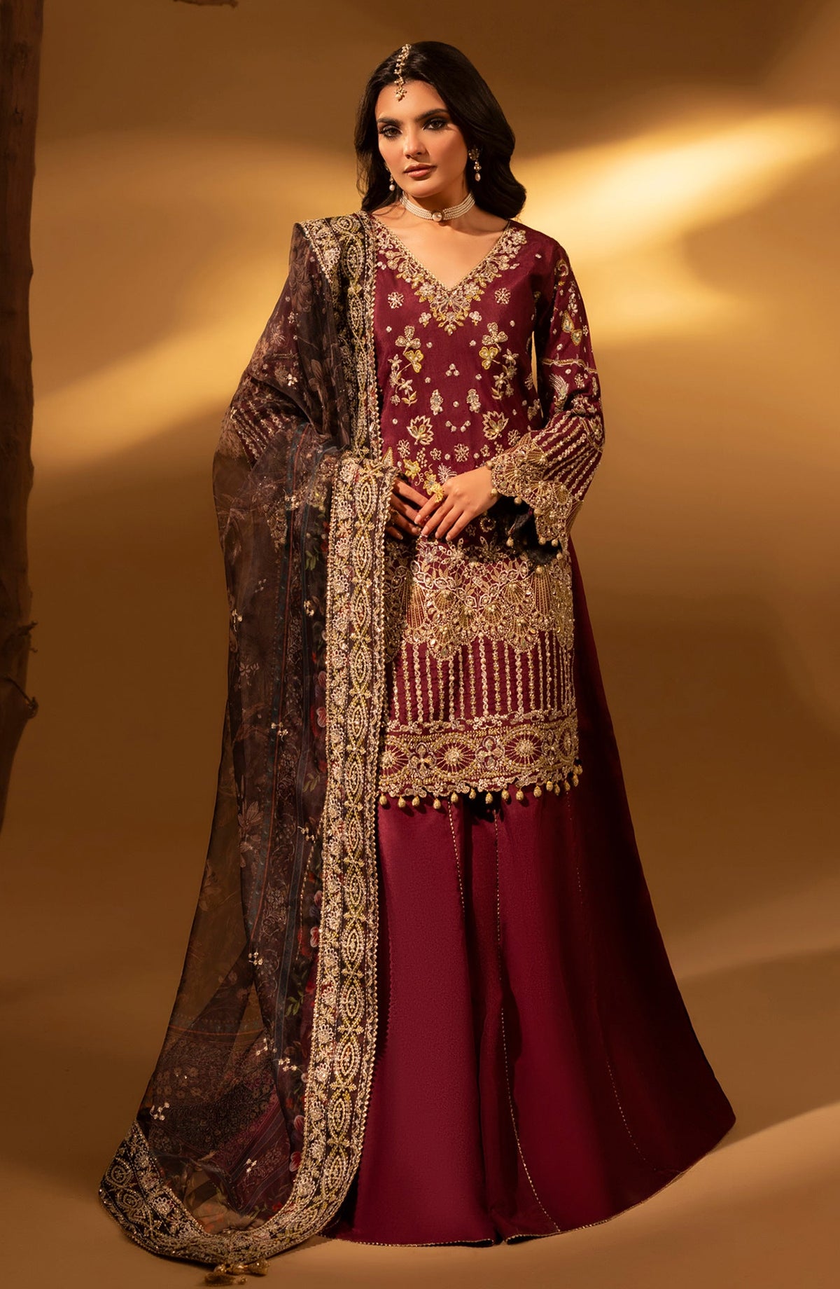 Aylin Luxury Embroidered Raw Silk Unstitched 3 Piece Suit - 05 Violet Bloom - AYL26SL - Maroon - Festive Collection