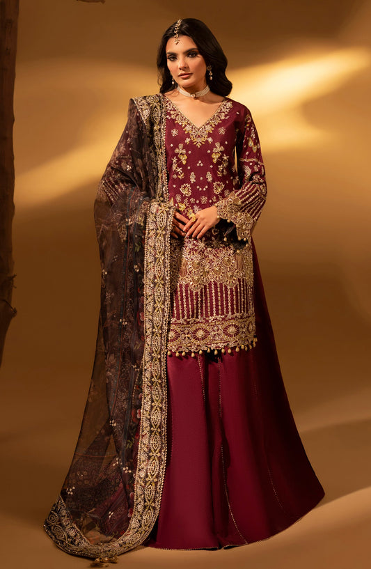 Aylin Luxury Embroidered Raw Silk Unstitched 3 Piece Suit - 05 Violet Bloom - AYL26SL - Maroon - Festive Collection