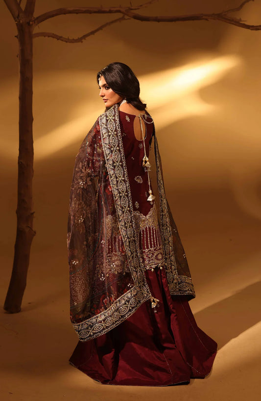 Aylin Luxury Embroidered Raw Silk Unstitched 3 Piece Suit - 05 Violet Bloom - AYL26SL - Maroon - Festive Collection
