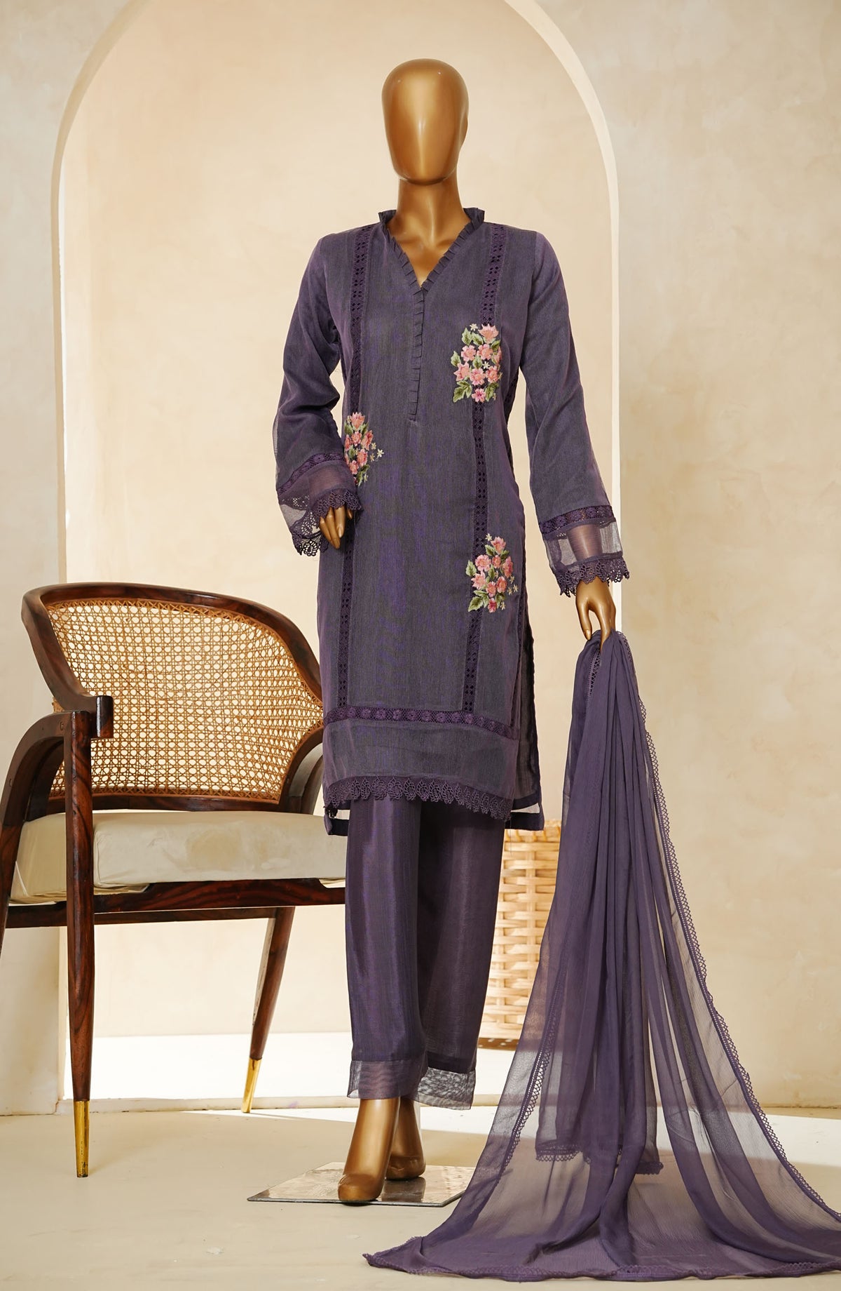Nyra by Amna Khadija Embroidered Khaddi Net Stitched 3 Piece Suit - AM25NRA - DS BA 03 Kali-A - Purple - Festive Collection