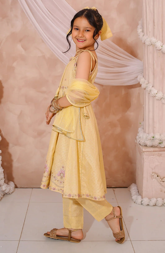 Girls Maysuri Yellow Embroidered Formal Frock - 10740-Ylw - MOD26MT - Festive Collection