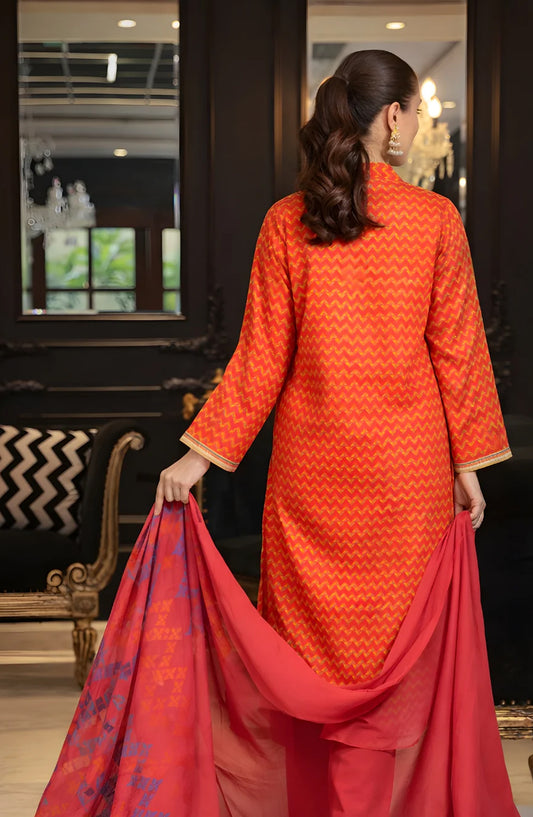 Ayla Printed Lawn Jacquard Stitched 3 Piece Suit - Gulnaar Wave - AY26ED - Orange - Eid Collection