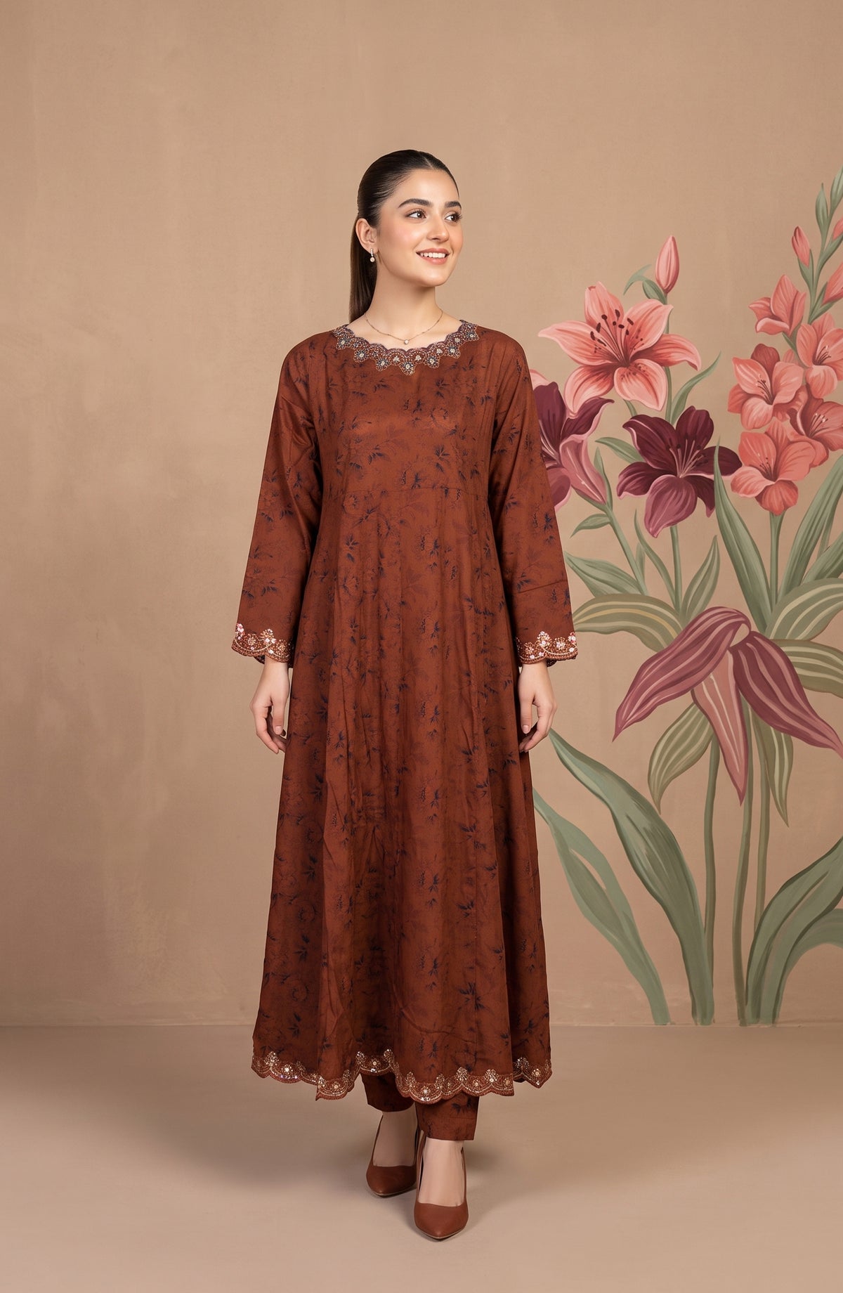 Kashf by Amna Khadija Embroidered Staple Stitched 2 Piece Suit - D-6329 - TF26KF - Brown - Fancy Collection