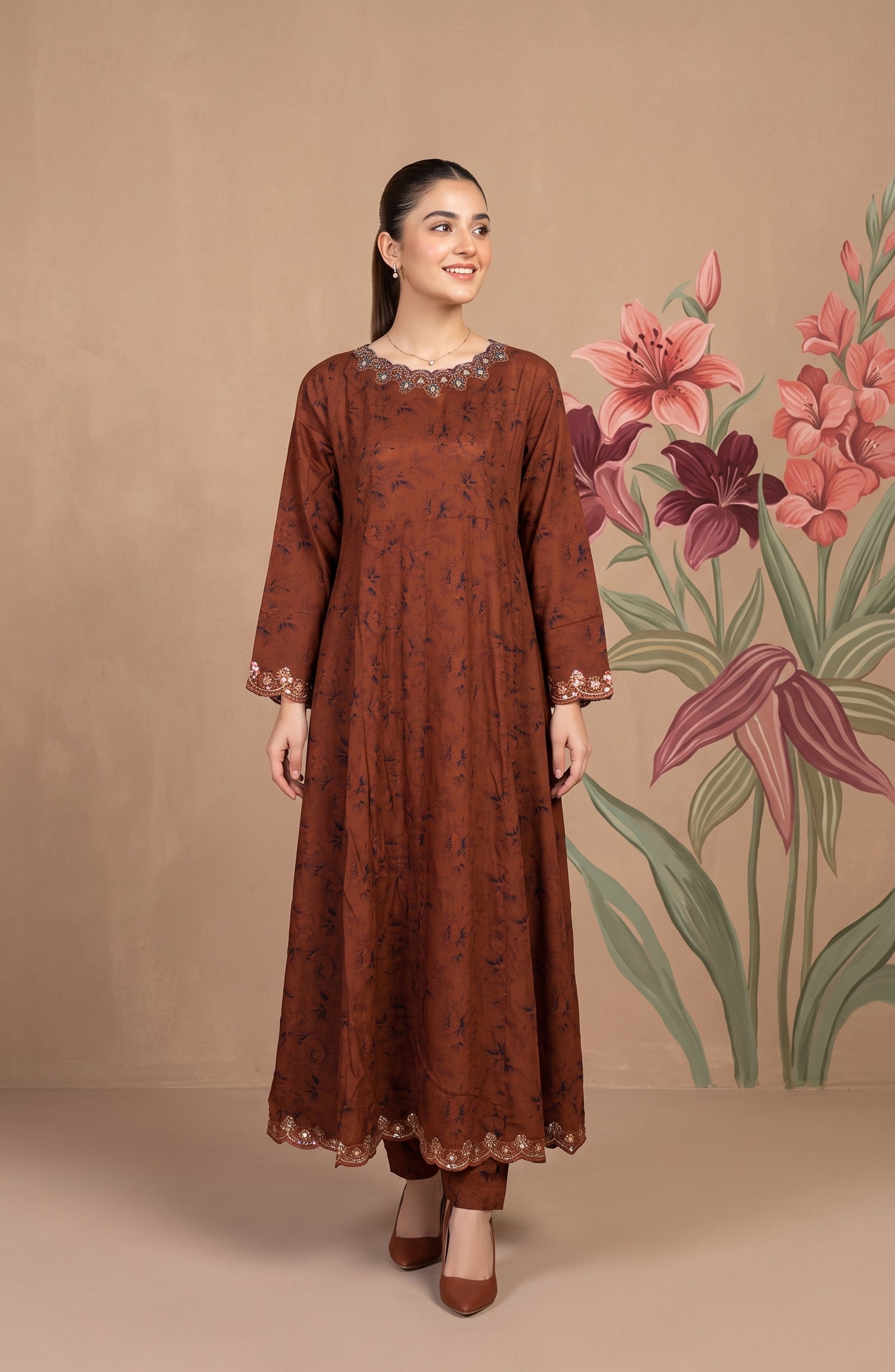 Kashf by Amna Khadija Embroidered Staple Stitched 2 Piece Suit - D-6329 - TF26KF - Brown - Fancy Collection