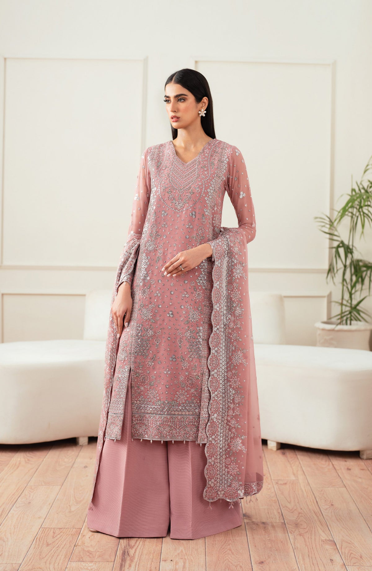 Farasha Luxury Essence Formals Embroidered Chiffon Unstitched 3 Piece Suit - Mauve Light - FSH25EF - Pink - Festive Collection