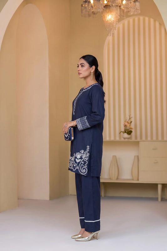 Mulaqaat By Amna Khadija Embroidered Cotton Stitched 2 Piece Co-Ord Set - AKMEC-14 - AM26MULQD3 - Navy Blue - Summer Collection