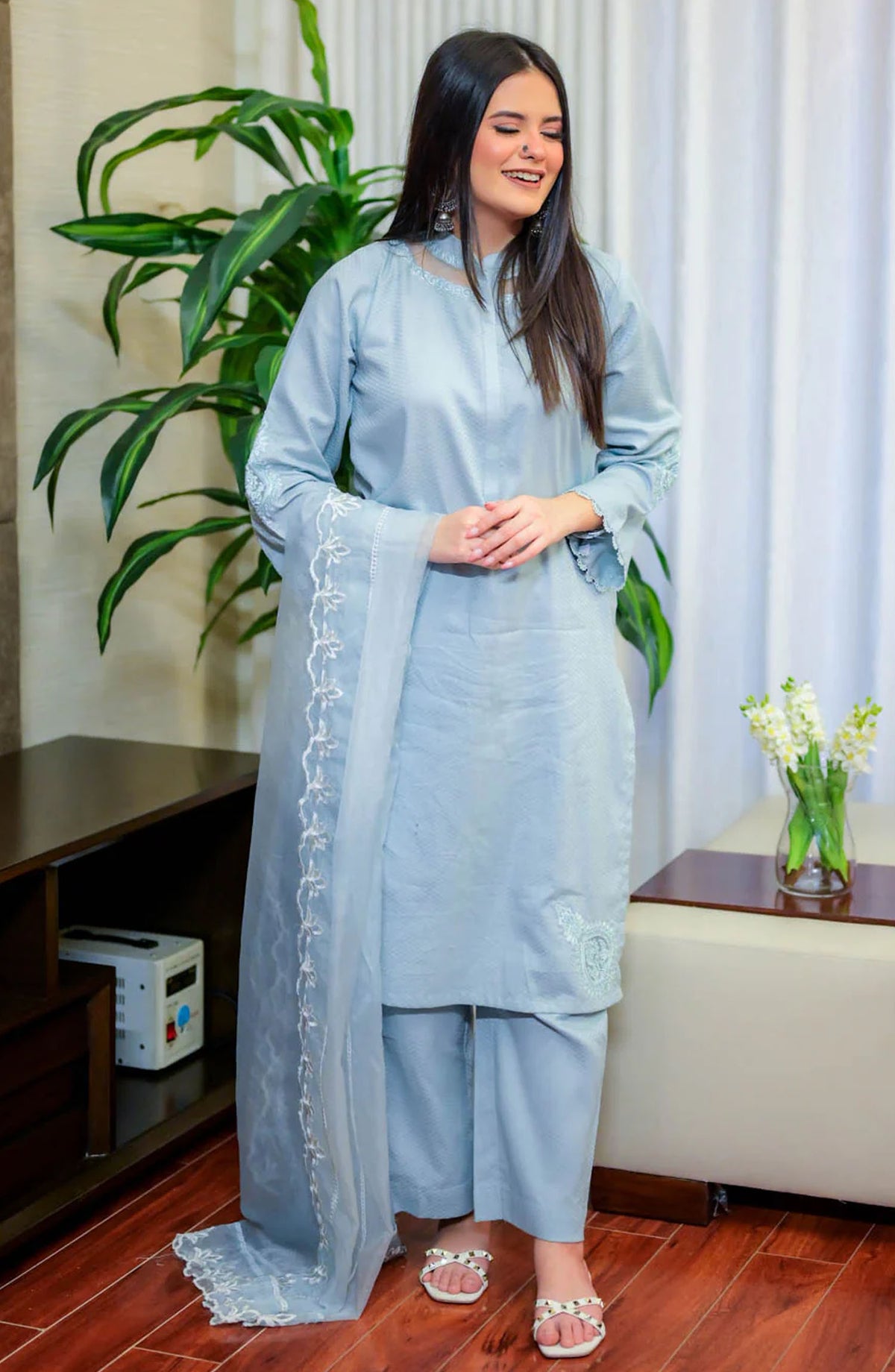 TNG Embroidered Self Jacquard Stitched 3 Piece Suit - AR-001800 Anoosha - TNG25EC - Blue - Festive Collection
