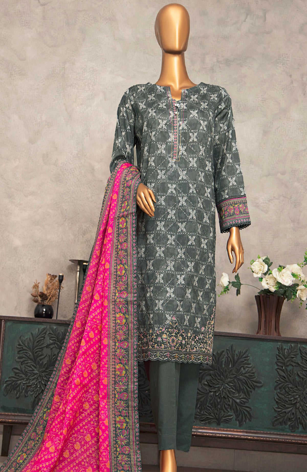 Meenakari by HZ Textile Embroidered Lawn Unstitched 3 Piece Suit - D-250 - HZ25MNK - Grey - Summer Collection