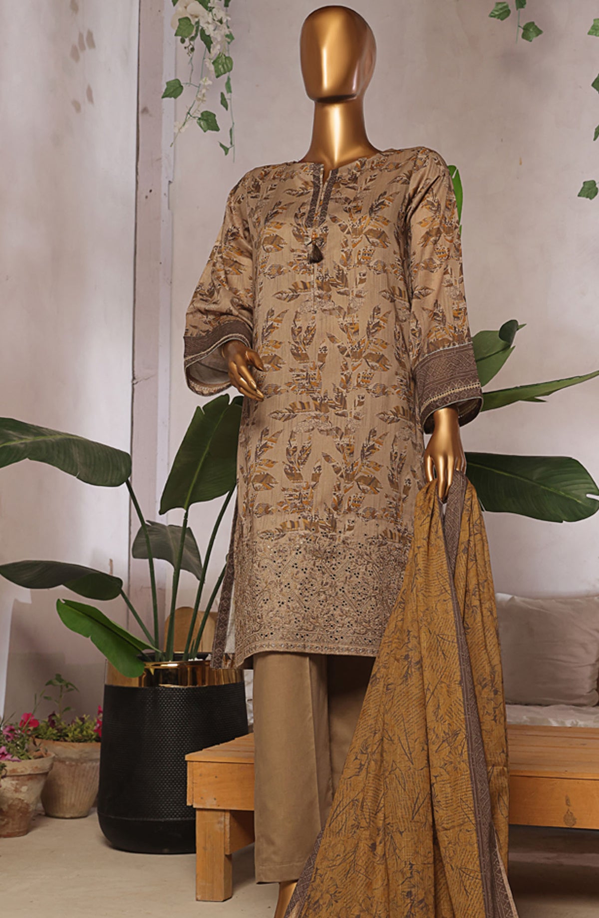 Aashkaaar by HZ Textile Embroidered Lawn Stitched 3 Piece Suit - EPL-3P-005 - HZ25ASHV5 - Beige - Summer Collection
