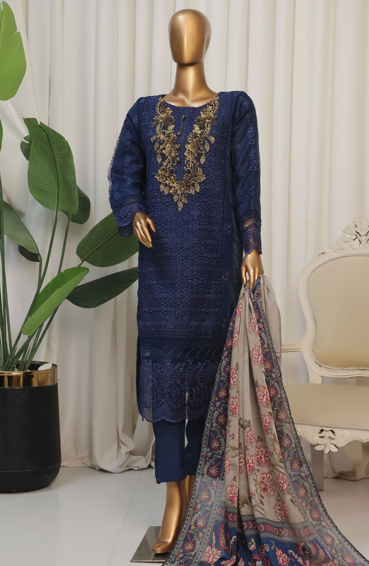 Falsafaa by HZ Textile Embroidered Organza Stitched 3 Piece Suit - HZK-178 Navy - HZ25FHZKV6 - Blue - Festive Collection