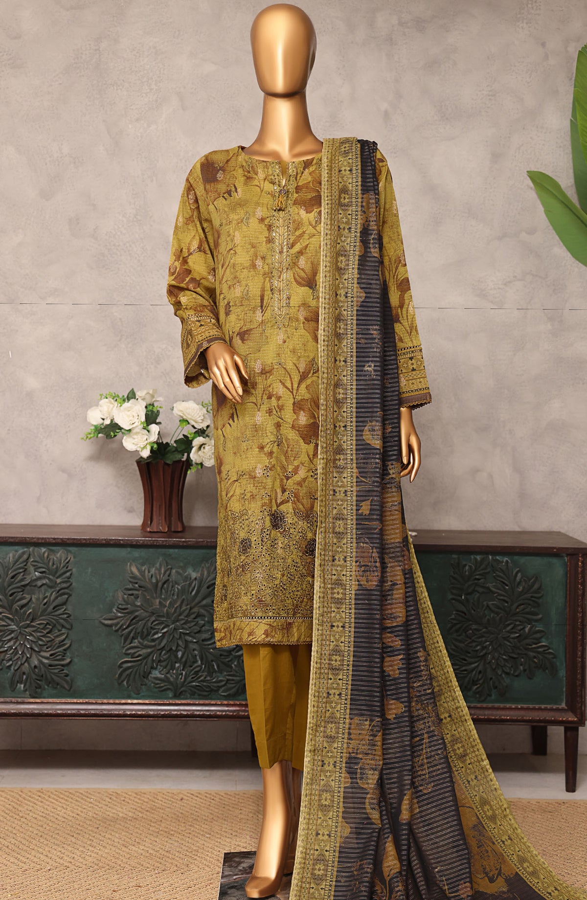 Majestic by HZ Textile Embroidered Lawn Unstitched 3 Piece Suit - MJE-17 - HZ25MJE - Brown - Summer Collection