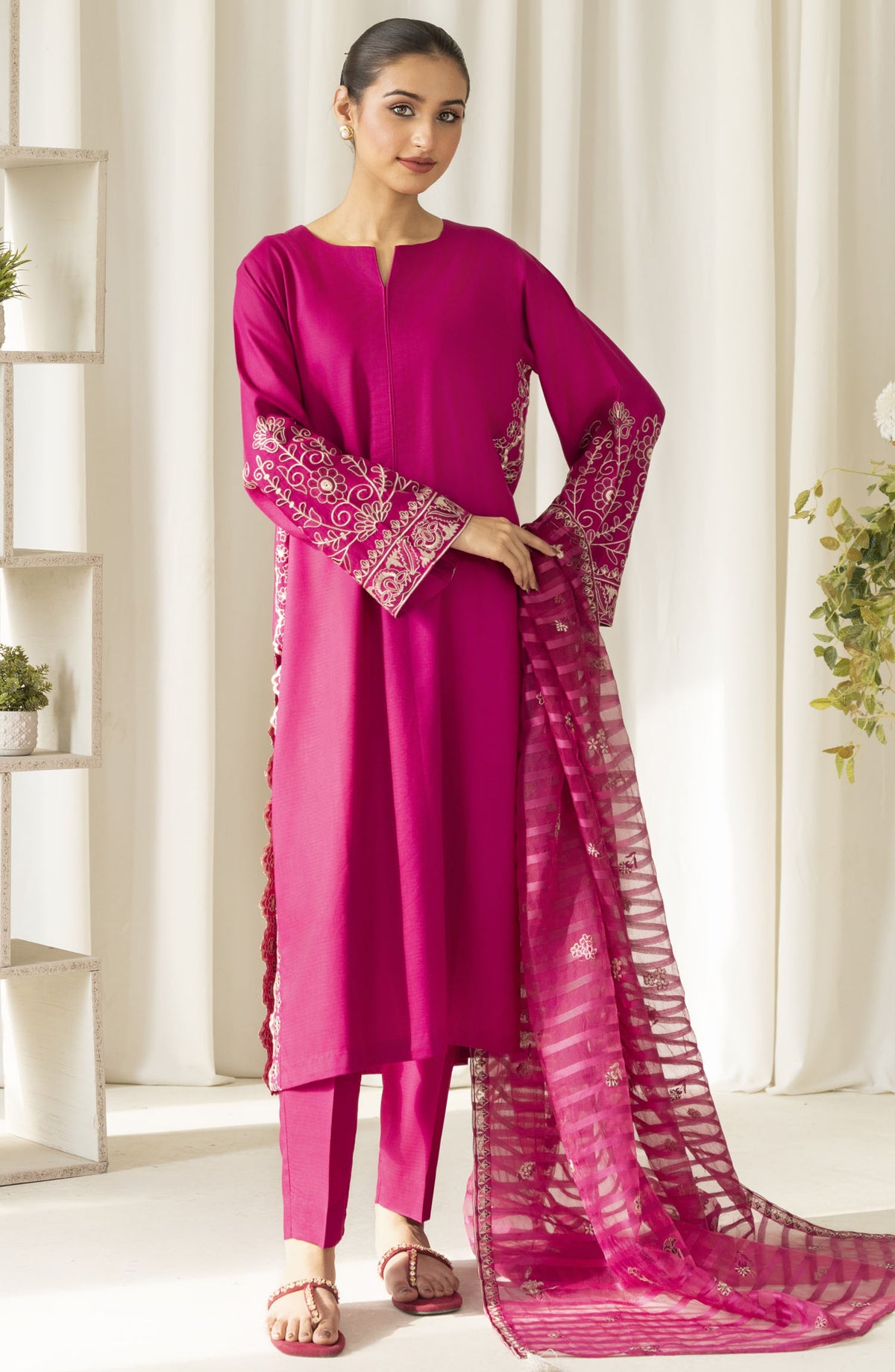 La Rosaa Embroidered Self Cotton Stitched - Orchid 2Pc - LRS25EE - Magenta - Casual Collection