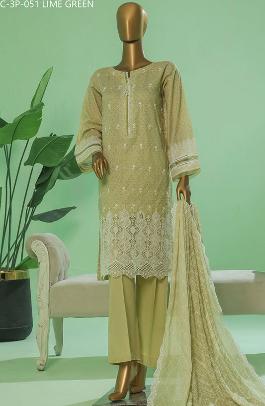 HZ Textile Chikankari Lawn Stitched 3 Piece Suit - PEC-3P-051 Lime Green - HZ25PTKV3 - Green - Eid Collection