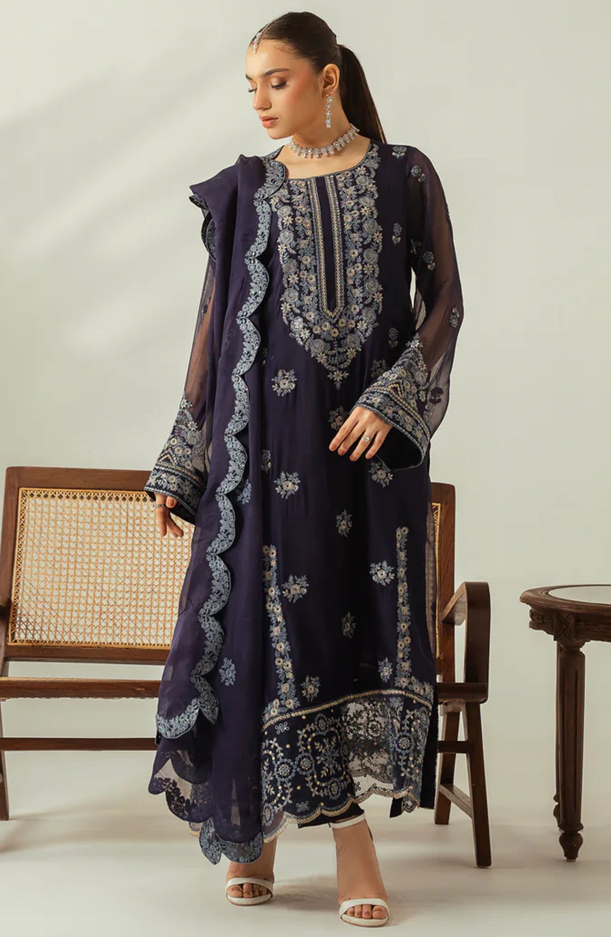 Diva by Zouj Embroidered Chiffon Unstitched 3 Piece Suit - Royal Sapphire - ZJ25DFL - Purple - Festive Collection