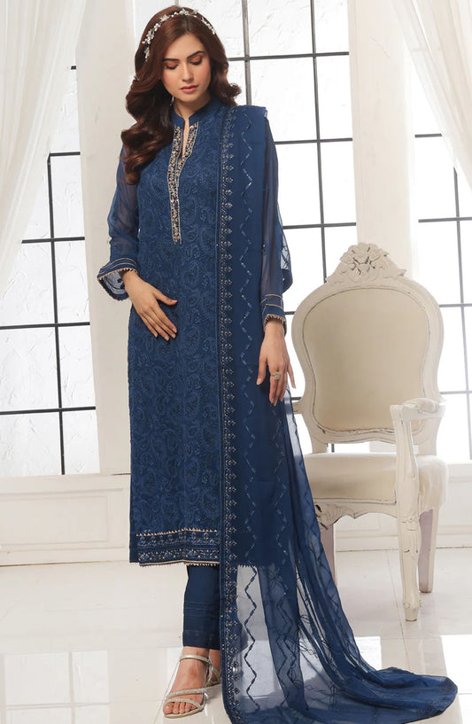 Aura by Shamooz Embroidered Chiffon Stitched 3 Piece Suit - SEM-0785 - SMZ25AU - Blue - Festive Collection