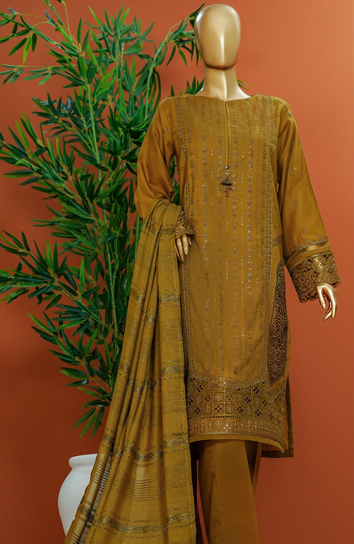 HZ Textile Embroidered Cotton Stitched 3 Piece Suit - SSE-101 Olive - HZ25MUV1 - Brown - Summer Collection