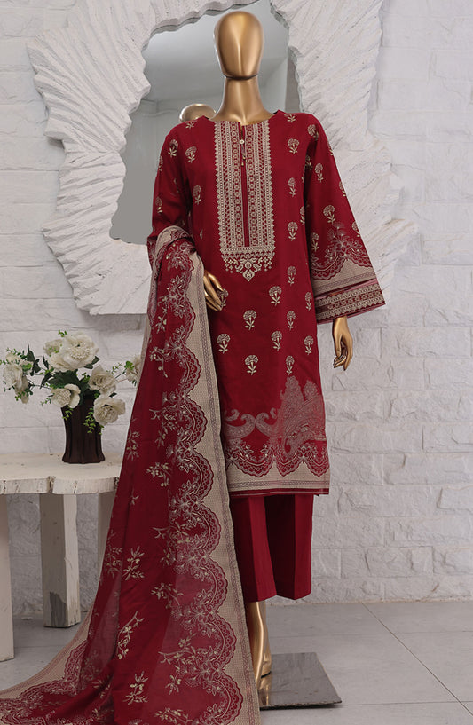 HZ Textile Printed Lawn Stitched 3 Piece Suit - SSP-3P-022 Maroon - HZ25FHGE - Red - Eid Collection