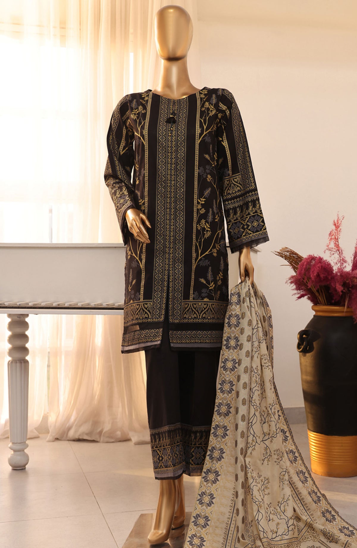 HZ Textile Printed Lawn Stitched 3 Piece Suit - SSP-3P-024 Black - HZ25FHGE - Black - Eid Collection