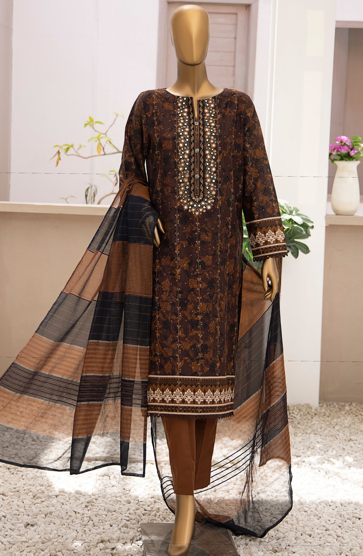 HZ Textile Embroidered Jacquard Unstitched 3 Piece Suit - TJS-1213 - HZ25TJS - Brown - Casual Collection