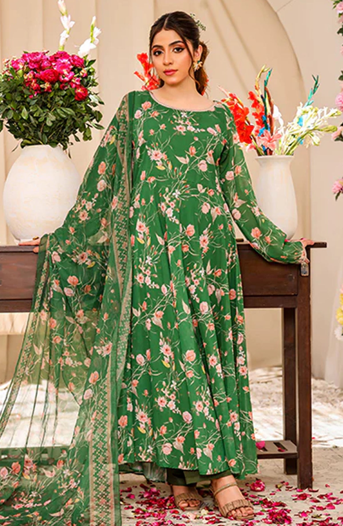 Nazmina Casual Chiffon Stitched 3 Piece Suit - Verte Floraison FRT-105 - NAZ25REB - Green - Festive Collection