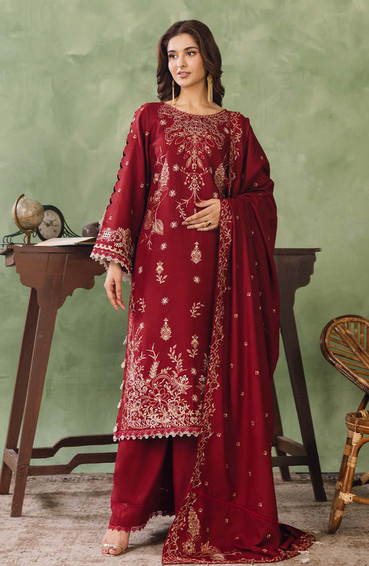 Peridot Embroidered Slub Linen Unstitched 3 Piece Suit - 596-A - PT26WT - Red - Winter Collection