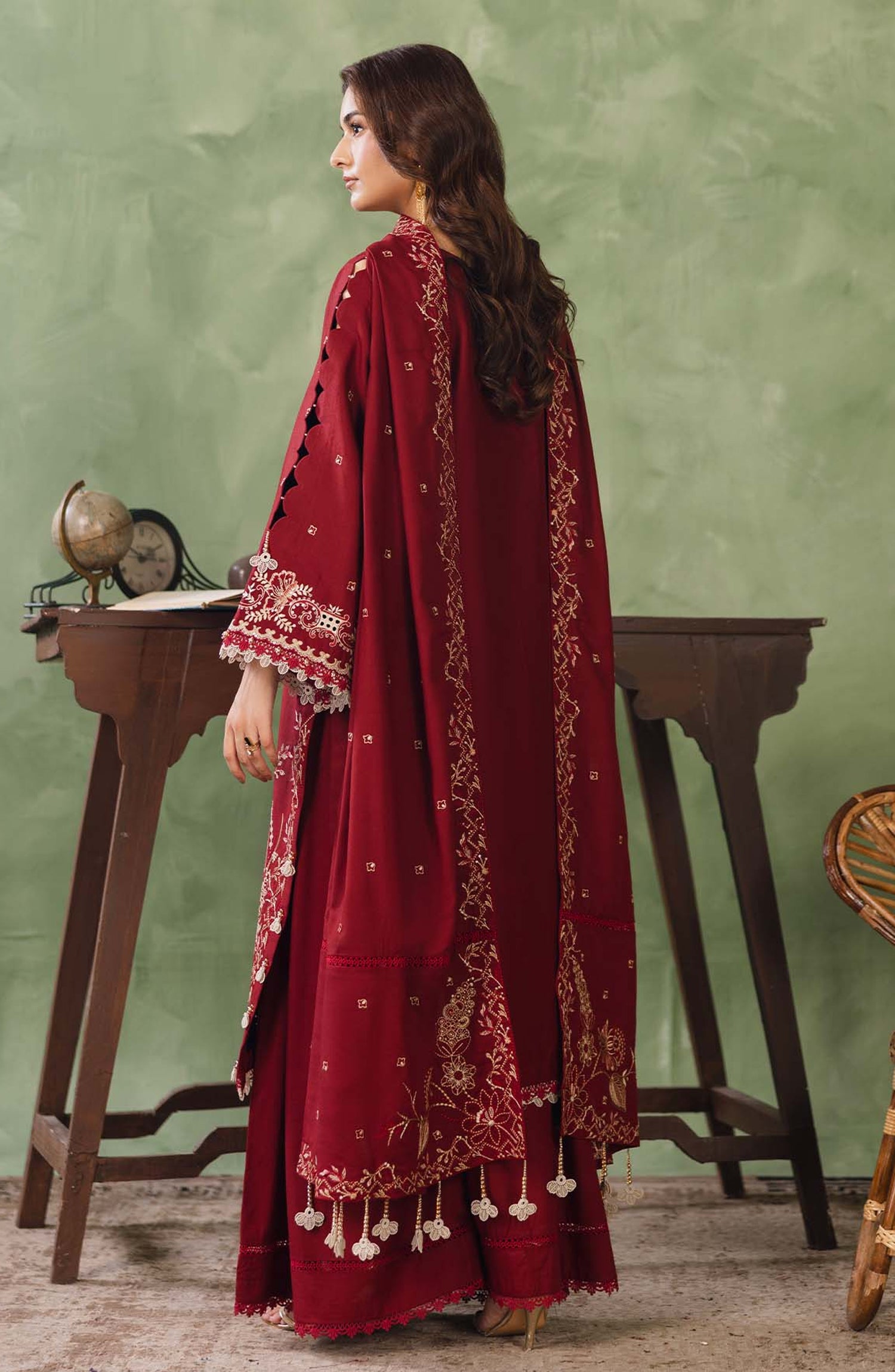 Peridot Embroidered Slub Linen Unstitched 3 Piece Suit - 596-A - PT26WT - Red - Winter Collection