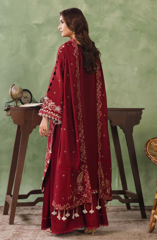 Peridot Embroidered Slub Linen Unstitched 3 Piece Suit - 596-A - PT26WT - Red - Winter Collection