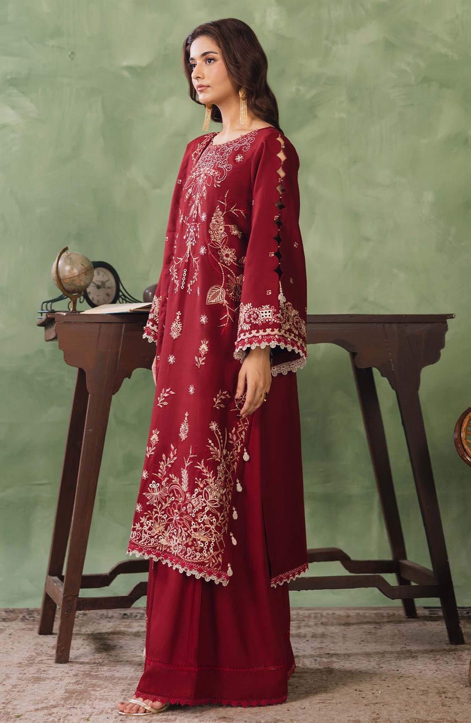Peridot Embroidered Slub Linen Unstitched 3 Piece Suit - 596-A - PT26WT - Red - Winter Collection