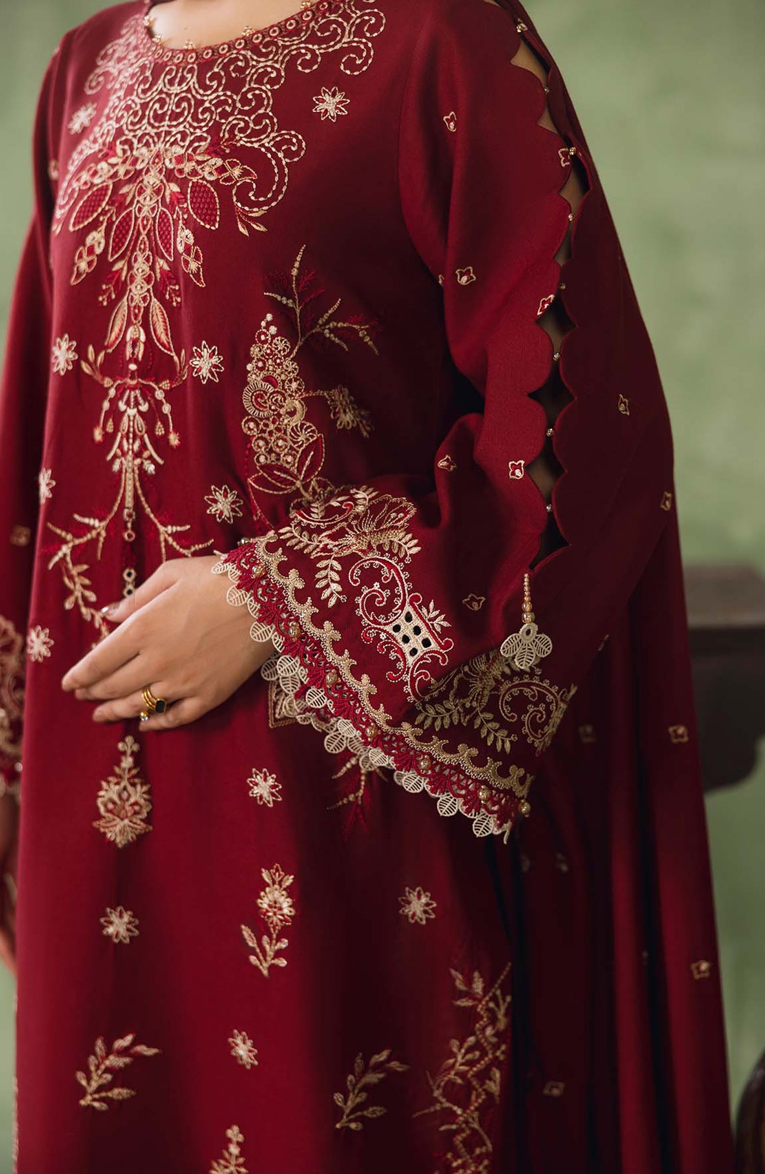 Peridot Embroidered Slub Linen Unstitched 3 Piece Suit - 596-A - PT26WT - Red - Winter Collection