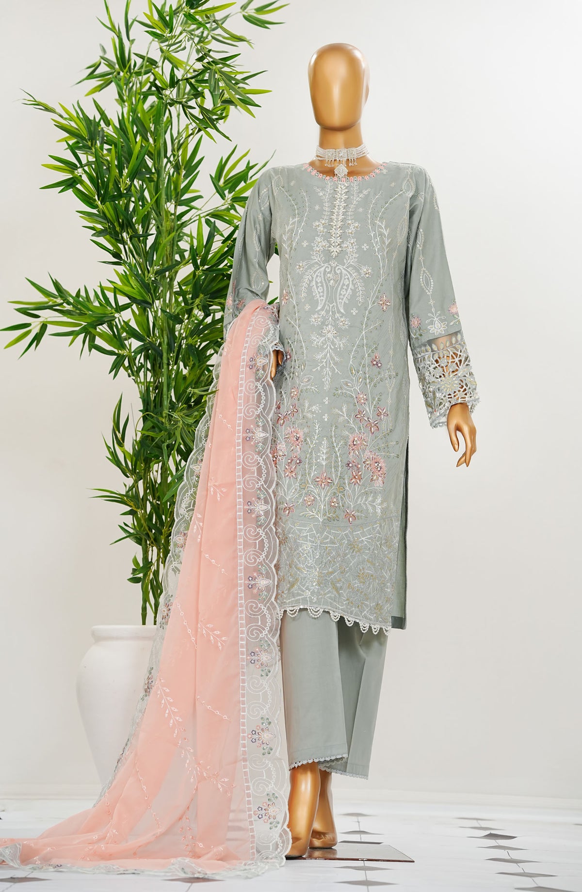 Durnaz by Amna Khadija Embroidered Jacquard Lawn Stitched 3 Piece Suit - AM25DRN - M 23 D4 - Light Grey - Festive Collection