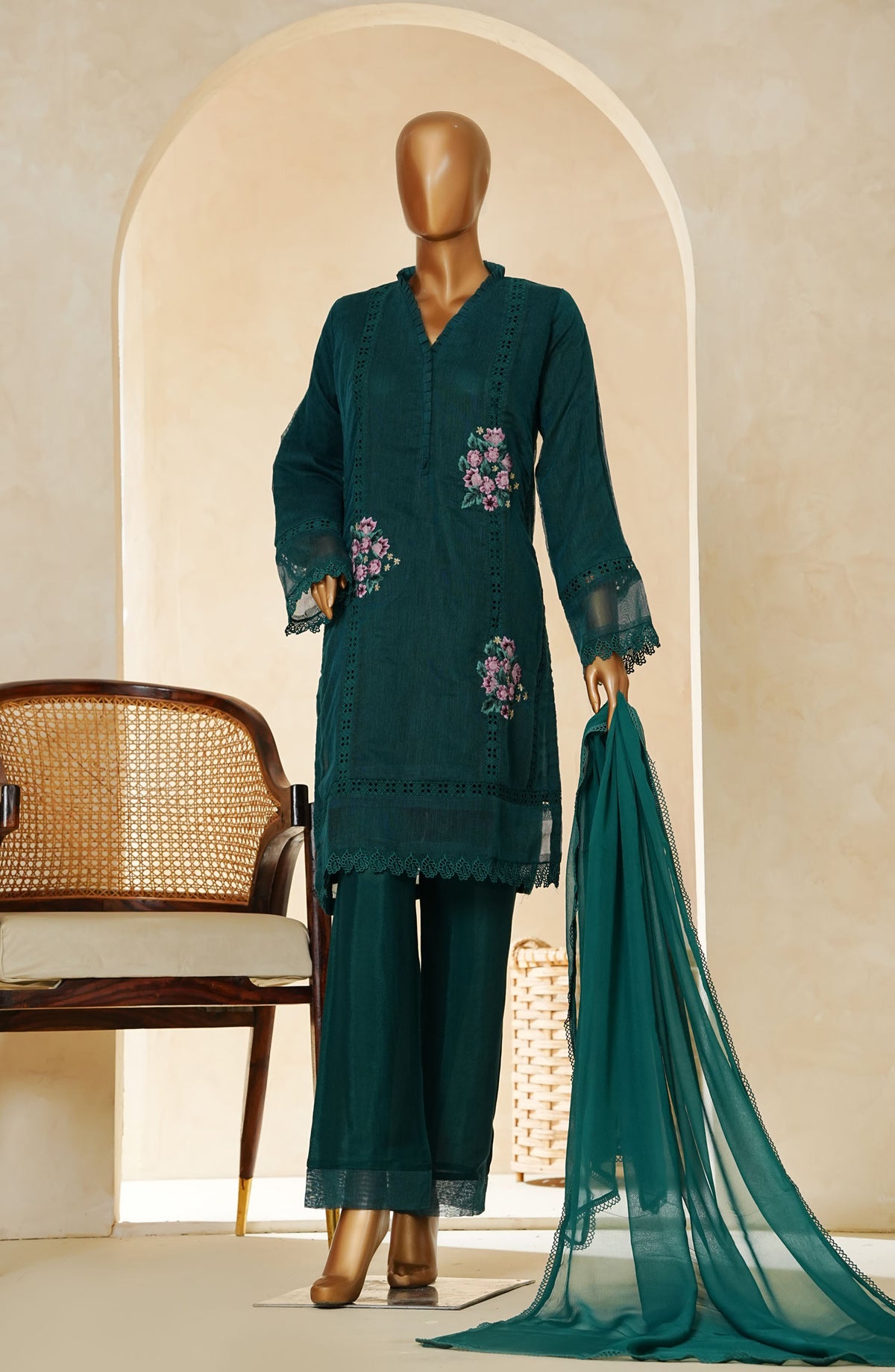 Nyra by Amna Khadija Embroidered Khaddi Net Stitched 3 Piece Suit - AM25NRA - DS BA 03 Kali-B - Green - Festive Collection